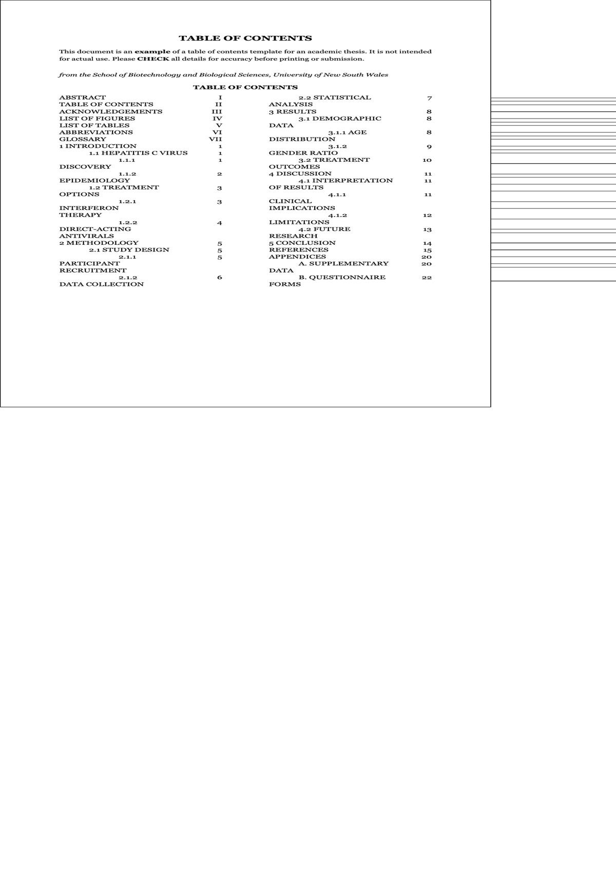 Sample Honours Thesis Table of Contents from UNSW BABS with Section Headings and Page Numbers_variant_1